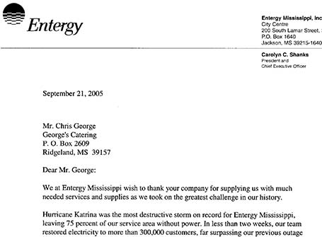 Letter of thanks for Entergy for help during Hurricane Katrina